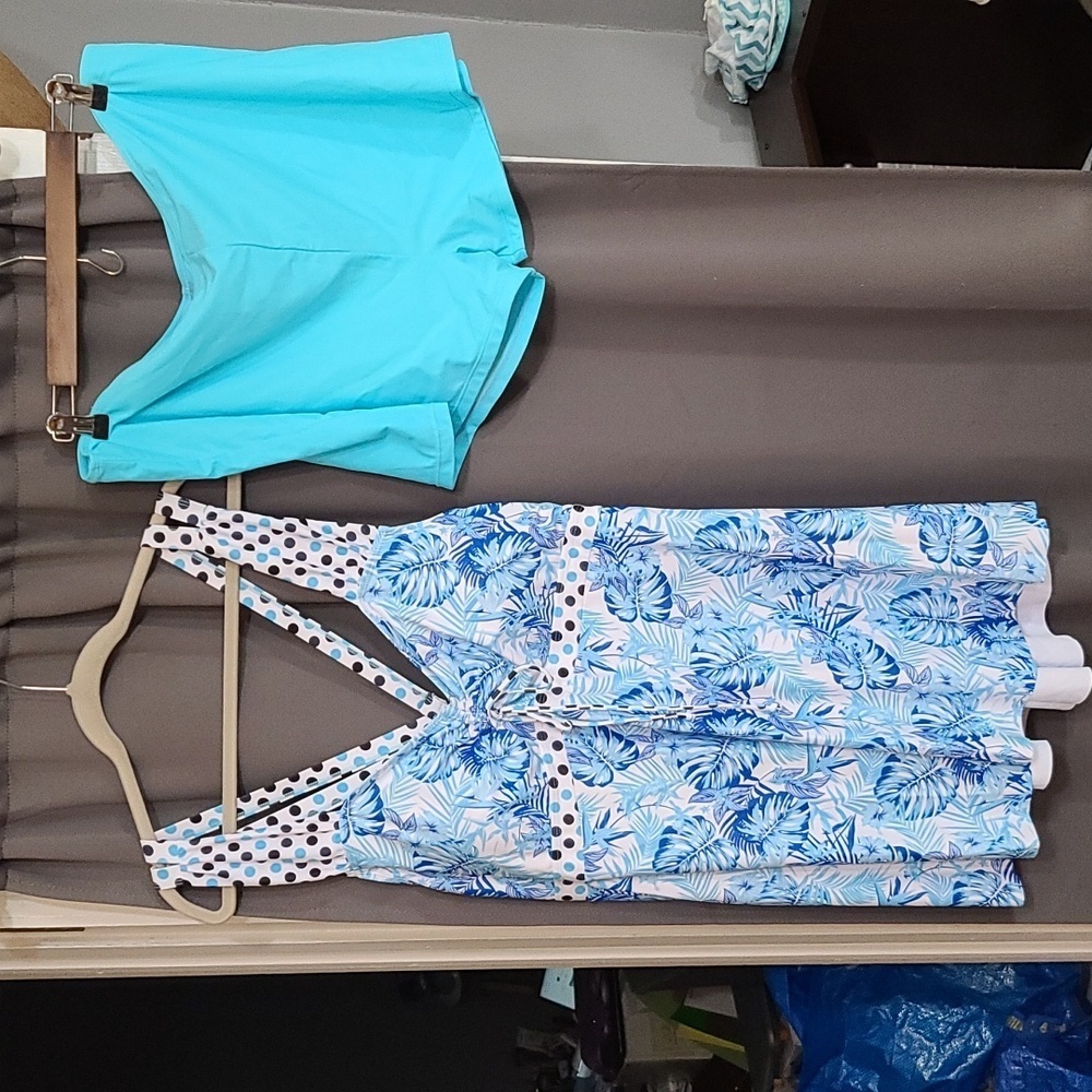 Womens 2-Piece Swimsuit/Dress Tropical Floral/Polka Dots Boy Shorts‎ SZ 5XL EUC